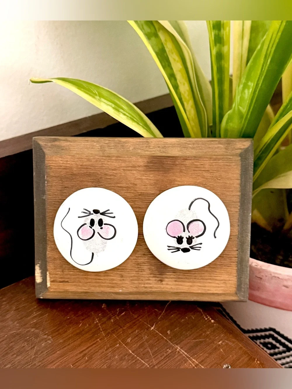 Vintage Mice Thumbprint Mouse Cute Mini Wood Wall Hanging Plaque Handmade 4x3”